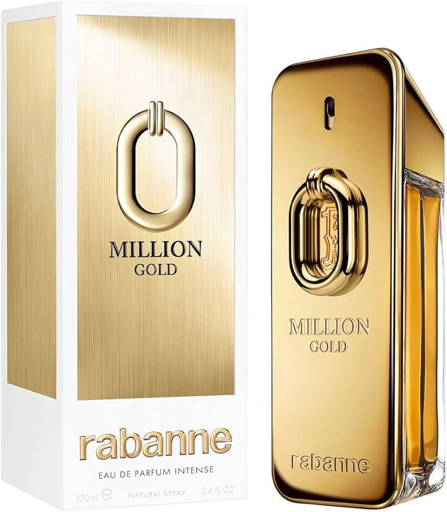 Paco Rabanne 1 Million Gold Intense men's Eau de Parfum bottle with gold accents, shown against a dark background.