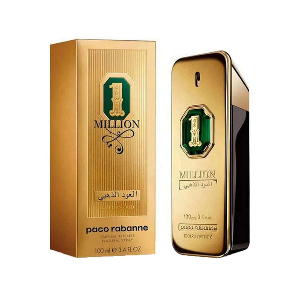 Paco Rabanne 1 Million Golden Oud for Men parfum bottle with gold accents, showcasing luxurious scent and elegant design.