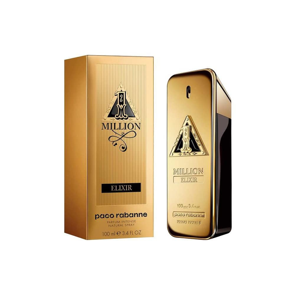 Paco Rabanne 1 Million Elixir Intense for Men perfume bottle with gold accents and sleek design.