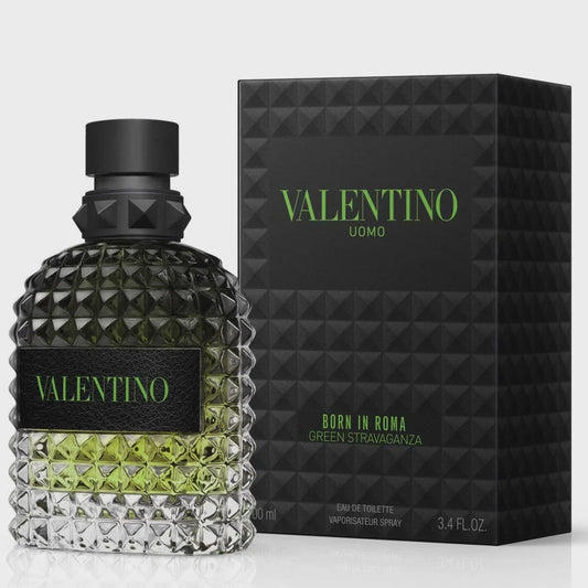 Valentino Uomo Born in Roma Green Stravaganza men's EDT bottle with green accents and sleek design.