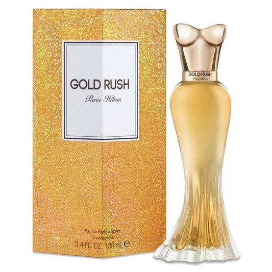 Paris Hilton Gold Rush women's EDP perfume bottle with gold accents and elegant design, showcasing the fragrance's luxurious packaging.