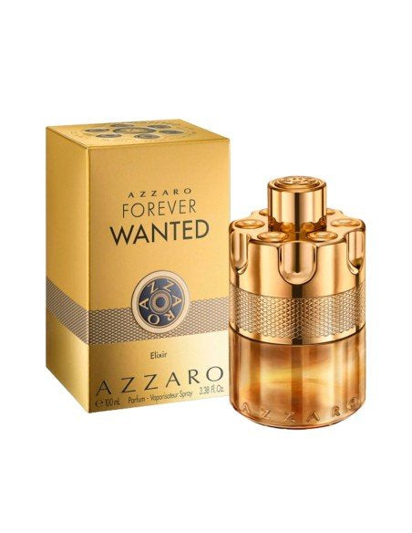 Azzaro Wanted Forever Elixir for Men EDP bottle with sleek black and gold design, showcasing the fragrance for men.