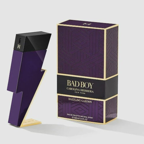 Carolina Herrera Bad Boy Dazzling Garden men's EDT bottle with sleek design and vibrant floral accents on a white background.