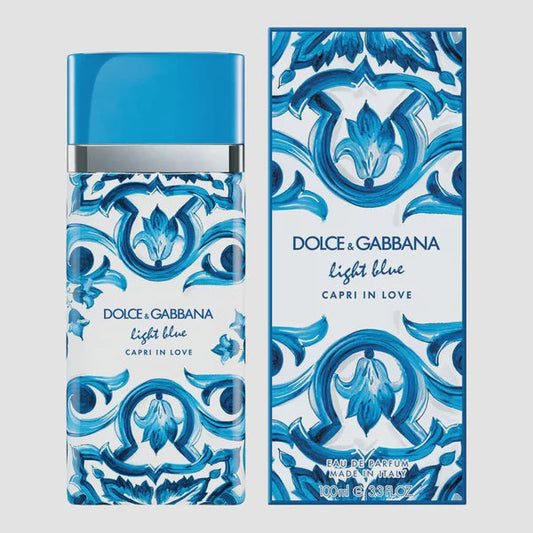 Dolce & Gabbana Light Blue Capri in Love women EDP bottle with floral and citrus design, elegant perfume packaging.