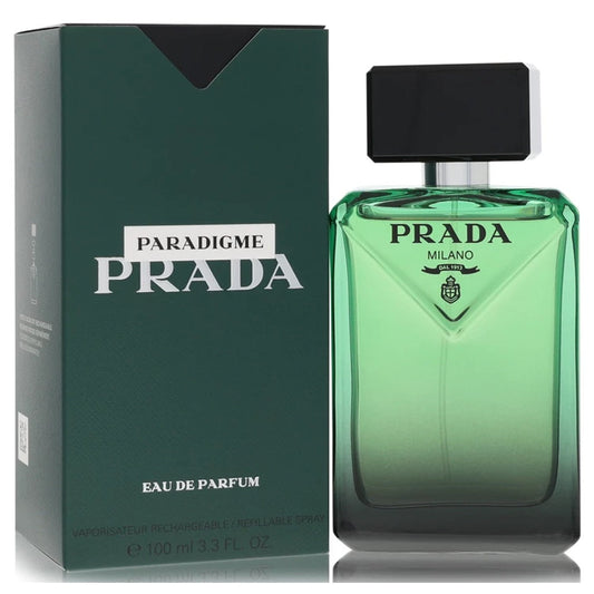 Prada Paradigme for Men EDP bottle with sleek black design and silver accents, displayed on a white background.