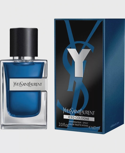 Yves Saint Laurent Y Iced men's EDT cologne bottle with sleek design and silver accents, displayed on a neutral background.