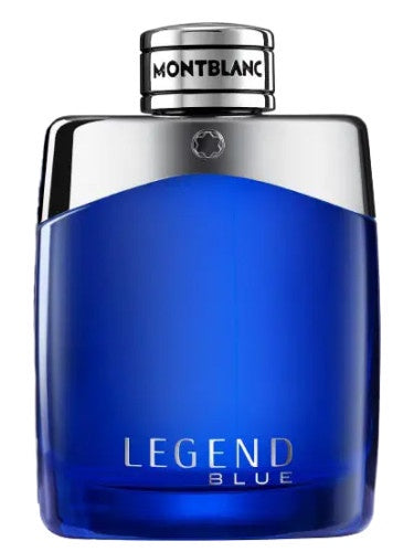 Mont Blanc Legend Blue for Men Eau de Parfum bottle with sleek blue design and minimalist branding visible.