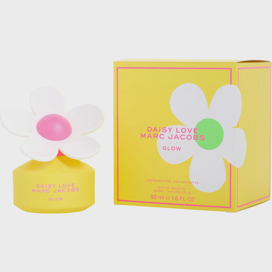 Marc Jacobs Daisy Love Glow women’s EDT bottle with floral and gold accents, showcasing the elegant perfume design.