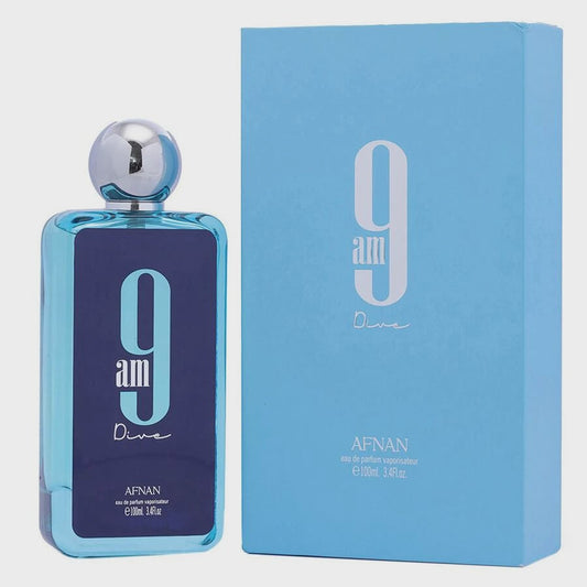Afnan 9am Dive unisex Eau de Parfum bottle with sleek design and modern branding, displayed on a neutral background.