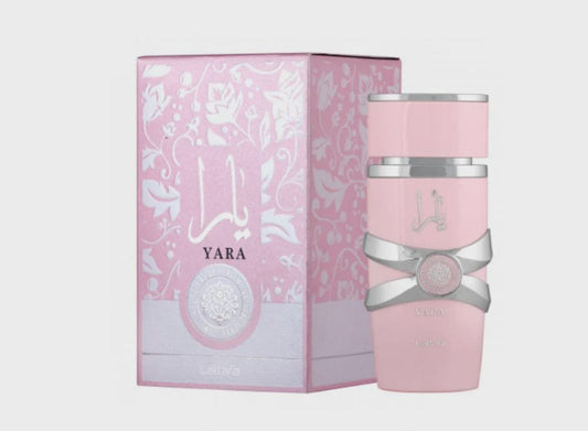 Yara Lattafa for Women EDP perfume bottle with elegant design, showcasing the fragrance container by Lattafa for women.