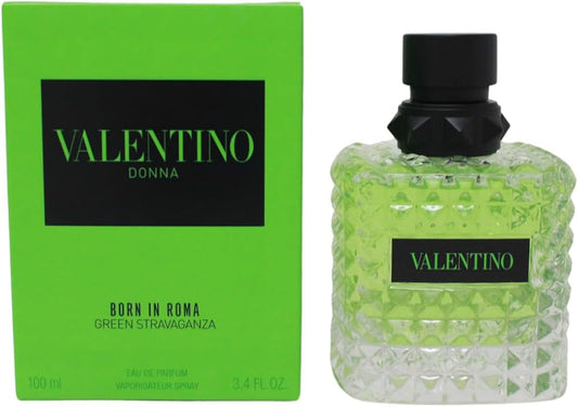 Valentino Donna Born in Roma Green Stravaganza perfume bottle with sleek design and vibrant green accents for women.