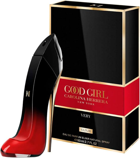 Carolina Herrera Very Good Girl Elixir perfume bottle for women with a sleek design and vibrant red accents.