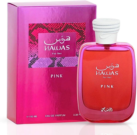 Rasasi Hawas Pink for Women EDP bottle with pink floral design and elegant packaging, showcasing the fragrance's luxurious presentation.