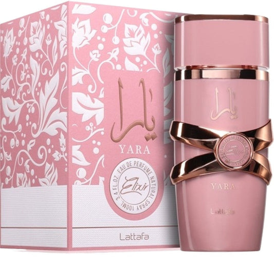 Yara Elixir Lattafa for Women EDP perfume bottle with elegant design, showcasing the fragrance's luxurious packaging.