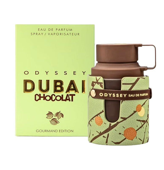 Odyssey Dubai Chocolat unisex perfume by Armaf, featuring a sleek bottle with a rich chocolate scent and elegant design.