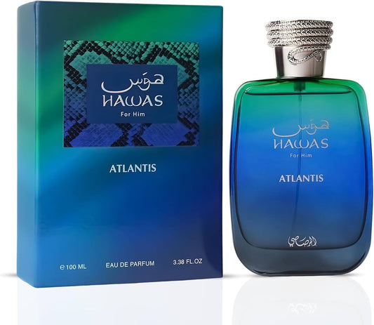 Rasasi Hawas Atlantis for Men EDP bottle with sleek blue design and silver cap, showcasing the fragrance's elegant packaging.