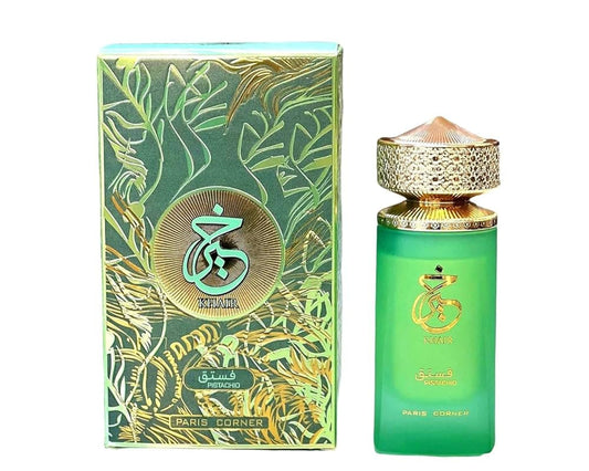 Khair Pistachio Paris Corner unisex EDP perfume bottle with pistachio design and elegant packaging.