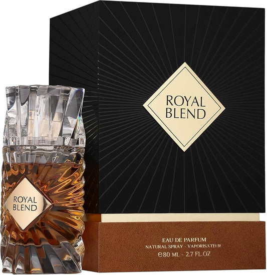 French Avenue Royal Blend Bourbon EDP for Men, elegant perfume bottle with gold accents, showcasing luxurious fragrance packaging.