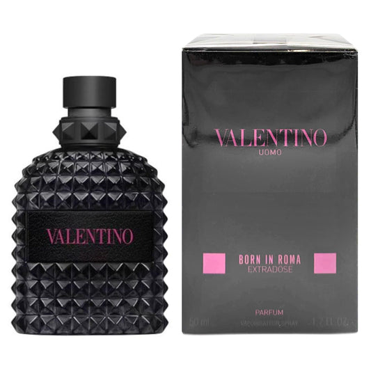 Valentino Uomo Born in Roma Extradose men's Eau de Parfum bottle with sleek black and gold design on a white background.