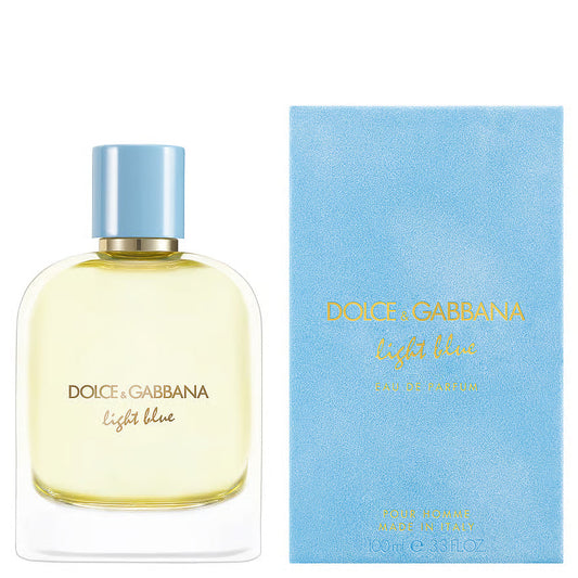 Dolce & Gabbana Light Blue Eau de Parfum for Men bottle with sleek design and blue accents, showcasing the D&G branding.