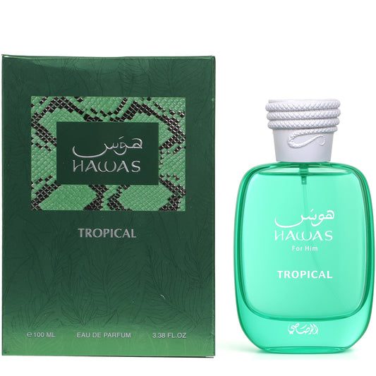 Rasasi Hawas Tropical unisex Eau de Parfum bottle with green and gold design, showcasing the fragrance's luxurious packaging.