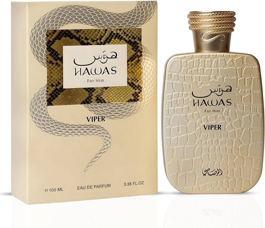 Rasasi Hawas Viper for Men Eau de Parfum bottle with sleek black design and silver accents, displayed on a neutral background.