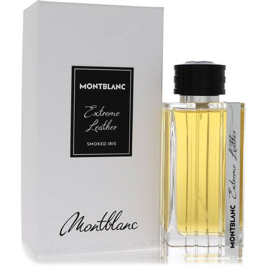 Montblanc Extreme Leather Smoky Iris for Men EDP bottle, sleek packaging with textured leather design and smoky iris accents.
