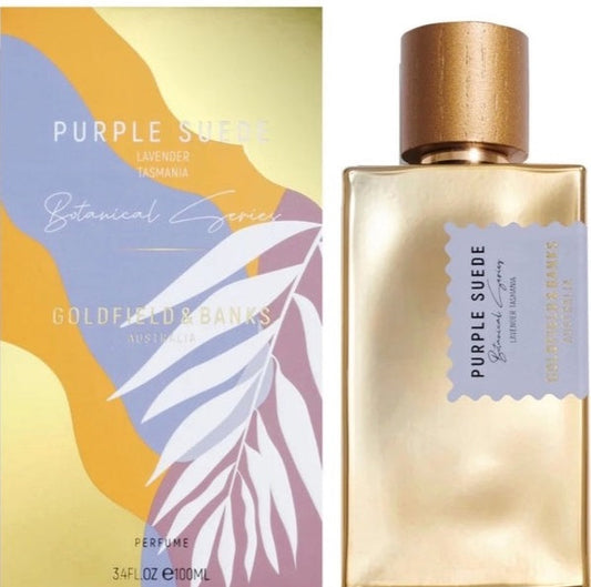 Purple suede bottle of Goldfield & Banks unisex EDP perfume with gold accents, displayed on a neutral background.