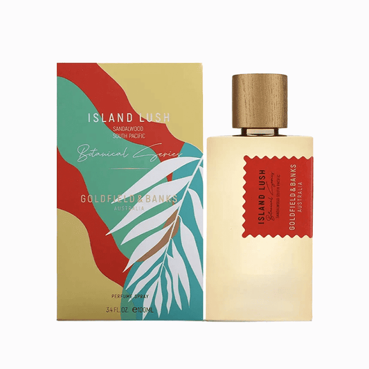 Unisex Island Lush Goldfield & Banks EDP perfume bottle with gold accents, showcasing a luxurious fragrance.