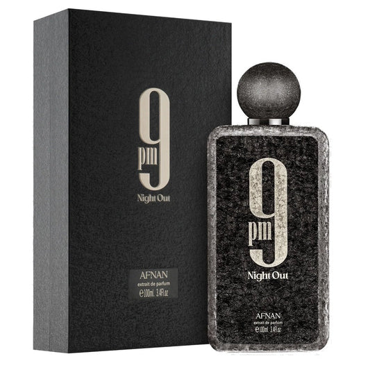 Afnan 9 PM Night Out unisex Eau de Parfum bottle with sleek black design and silver accents, displayed on a white background.