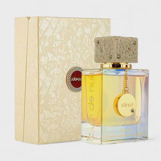Armaf Club de Nuit Oud unisex Eau de Parfum bottle with dark, elegant packaging and a sleek design.