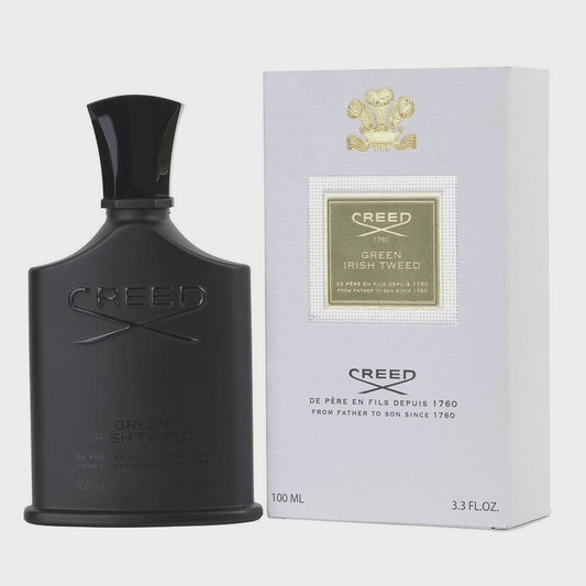 Creed Green Irish Tweed men's Eau de Parfum bottle with green and silver accents, showcasing the luxury fragrance packaging.