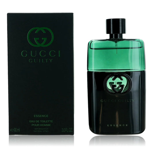 Gucci Guilty Essence for Men Eau de Toilette spray, 3 oz bottle, with elegant packaging visible in the image.