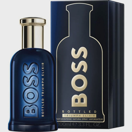 Hugo Boss Boss Bottled Triumph Elixir for Men EDP in 3.3 oz bottle, featuring sleek glass design and elegant branding
