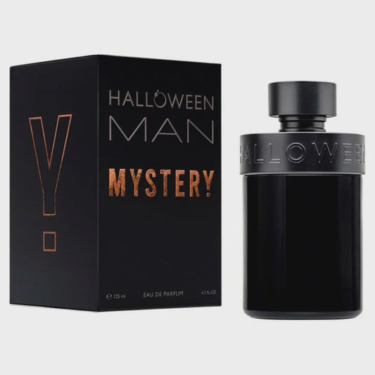 Halloween Man Mystery for Men Eau de Parfum bottle with dark packaging, showcasing the sleek, mysterious design.