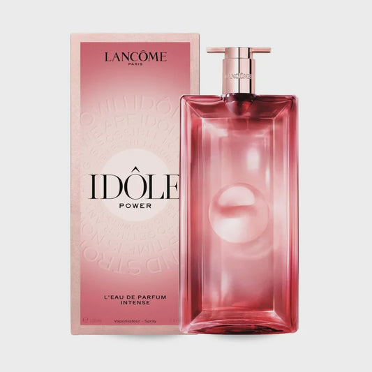 Lancome Idole Power Intense women’s Eau de Parfum bottle with elegant design and gold accents, displayed on a neutral background.