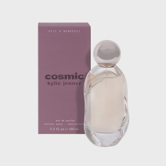 Kylie Jenner Cosmic women’s eau de parfum bottle with sleek design and clear label, 100ml size, in a minimalist display.