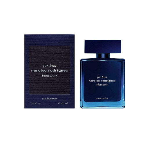 Narciso Rodriguez Bleu Noir Eau de Parfum for Men, sleek black bottle with minimalist design and silver accents.