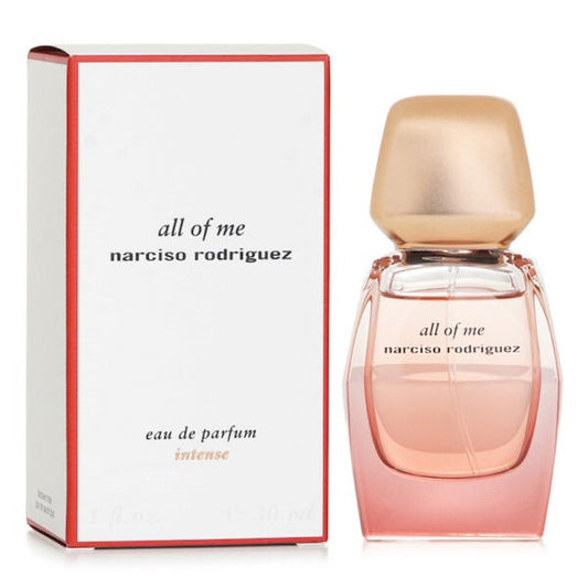 Narciso Rodriguez All of Me Intense women’s EDP perfume bottle, 1 oz, with elegant black cap and minimalist design.