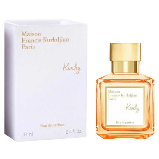 Maison Francis Kurkdjian Kurky unisex EDP bottle with elegant design and clear label, displayed on a neutral background.
