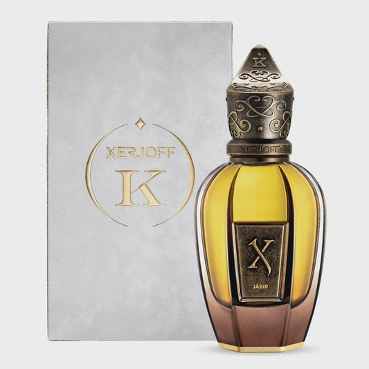Xerjoff Jabir Xerjoff K Collection unisex EDP bottle with elegant gold cap and minimalist design on a white background.