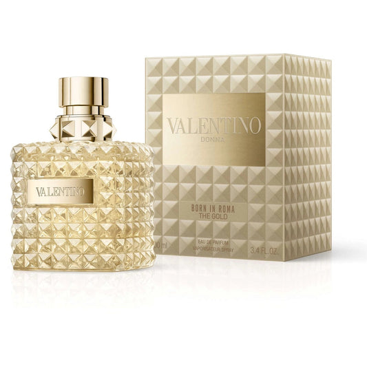 Valentino Donna Born in Roma the Gold Eau de Parfum bottle with gold accents and elegant packaging.
