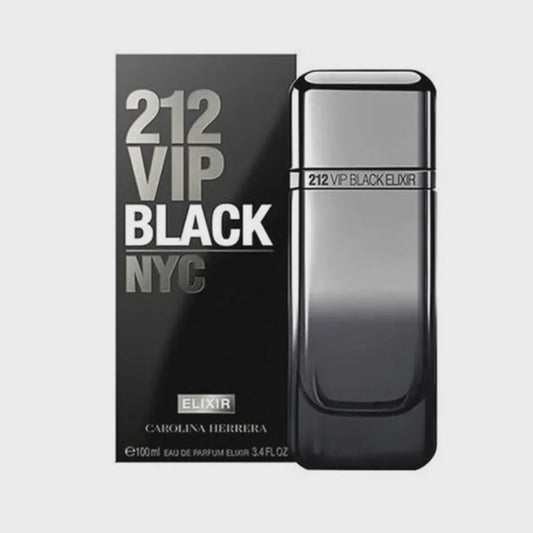 Carolina Herrera 212 VIP Black Elixir for Men Eau de Parfum bottle with sleek black design and silver accents.