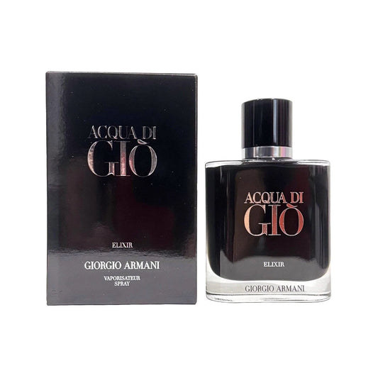 Giorgio Armani Acqua di Gio Elixir for Men EDP bottle with sleek design and transparent glass showcasing the fragrance inside.