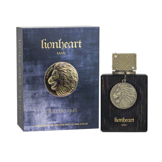 Armaf Club de Nuit Lionheart for Men EDP spray, 3.4 oz, featuring a sleek bottle with elegant design and fragrance details.