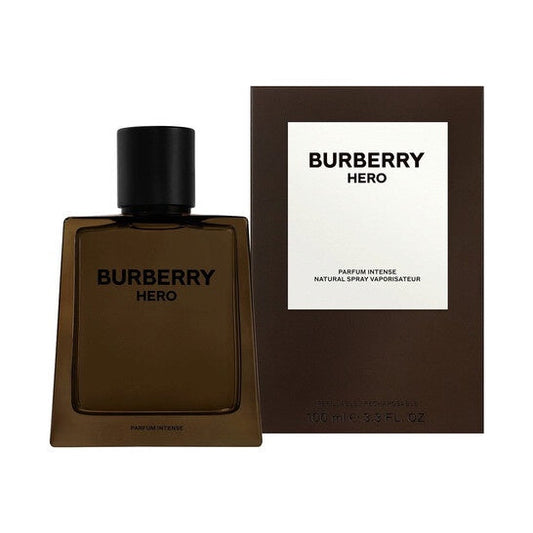 Burberry Hero Parfum Intense for Men bottle with sleek design, featuring the Burberry logo and elegant fragrance presentation.