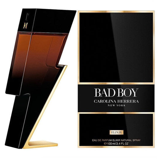 Carolina Herrera Bad Boy Elixir for Men EDP spray, 3.4 oz, featuring sleek bottle design and fragrance details.