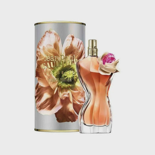 Jean Paul Gaultier La Belle Flower Edition JPG for Women Eau de Parfum bottle displayed with floral design.