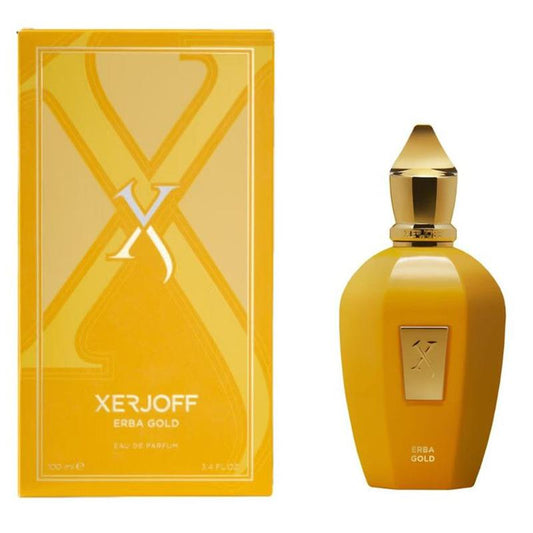 Xerjoff Erba Gold V Xerjoff unisex Eau de Parfum bottle with elegant gold and black design, showcasing the luxurious fragrance.