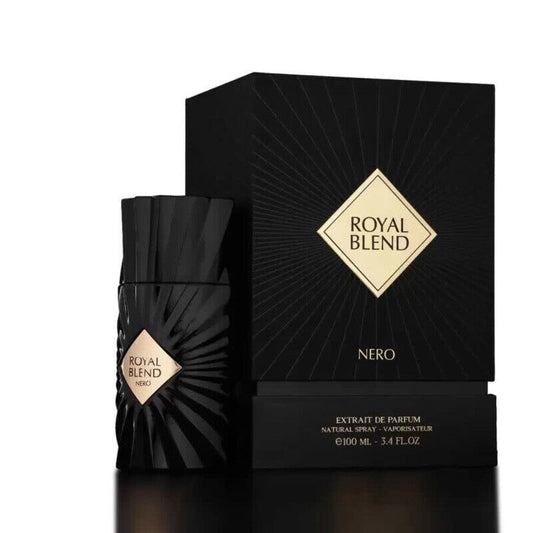 French Avenue Royal Blend Nero men's EDP fragrance spray, featuring a sleek bottle and elegant design.